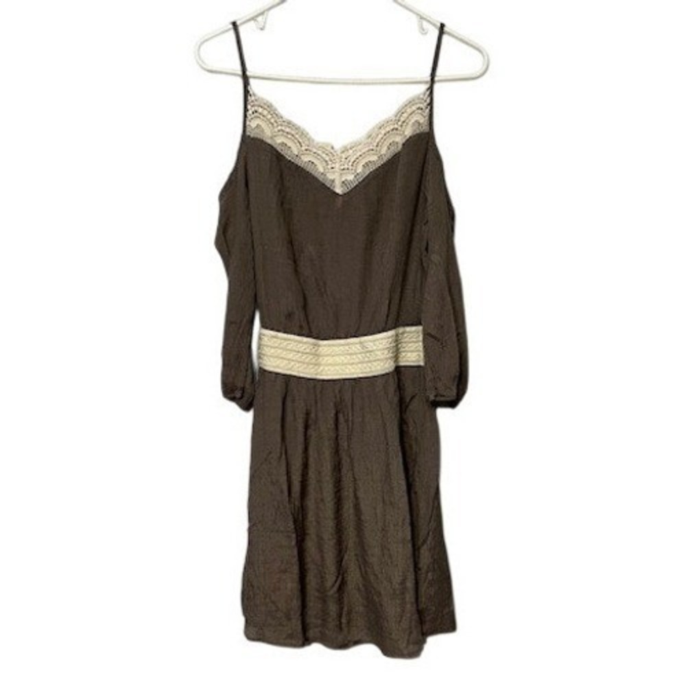 Boho Cold Shoulder Lace Trim Mini Dress Brown Crochet Long Sleeve Women Med